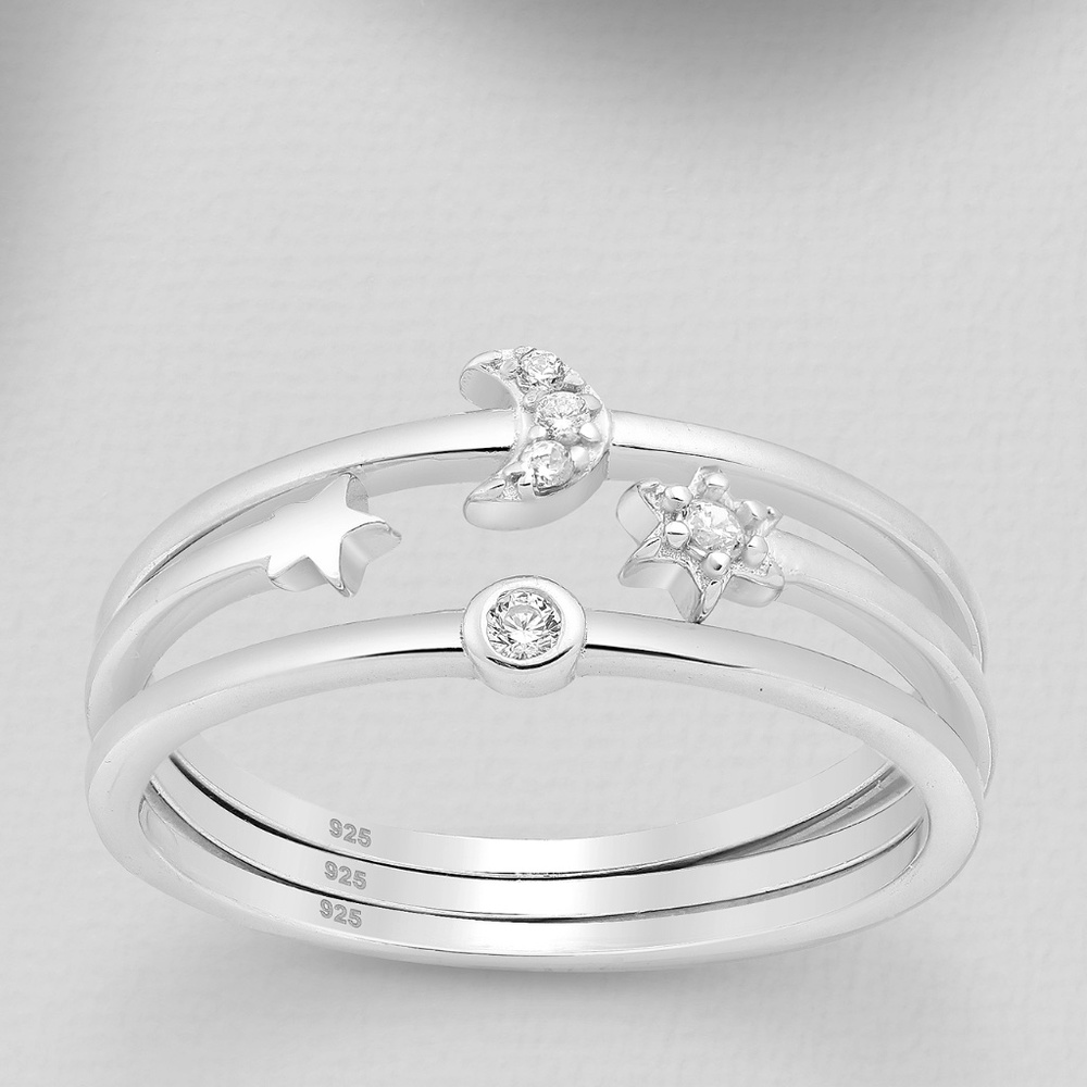 New 3 Sterling Silver Stack Rings Moon, Star & Sun, CZ Simulated Diamonds